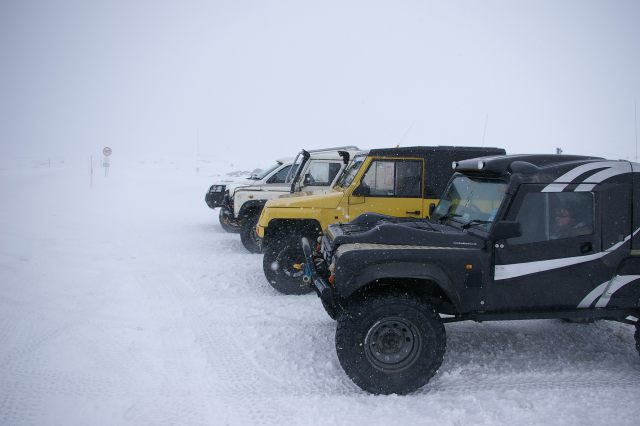 Lined up at the polar circle for photos (and to fit snow chains!)